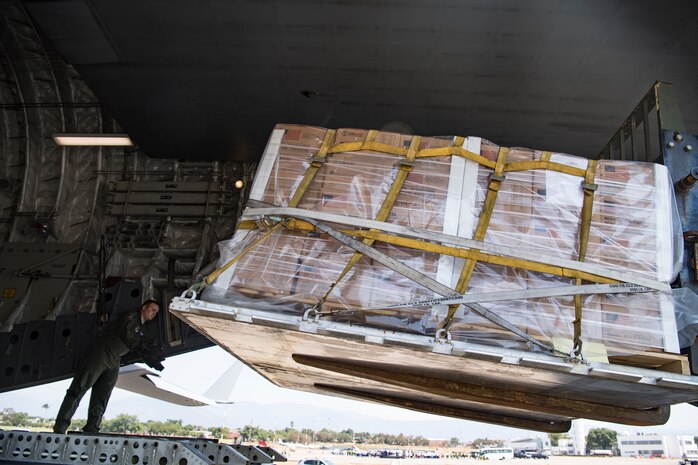 A C-17 Globemaster III delivers humanitarian aid from Homestead Air Reserve Base, FL to Cucuta, Colombia February 16, 2019.