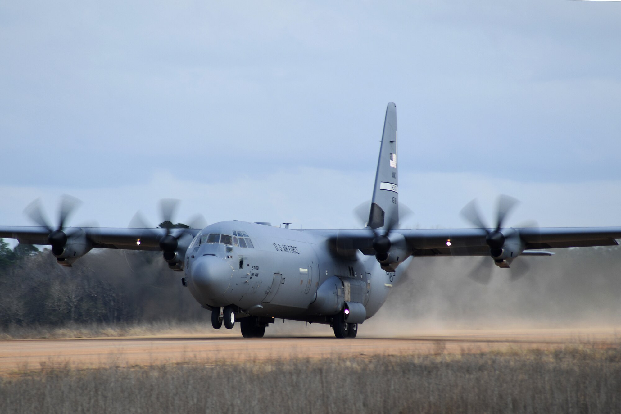 A C-130 Hercules aircraft from Little Rock Air Force Base, Ark., departs Geronimo Landing Zone during a mission in support of Green Flag Little Rock exercise, Feb. 11, 2019, Fort Polk, La. The primary objective of the exercise is to support the Joint Readiness Training Center and provide the maximum number of airlift crews, mission planners and ground support elements to a simulated combat environment with emphasis on joint force integration. (U.S. Air Force photo by Tech. Sgt. Liliana Moreno)