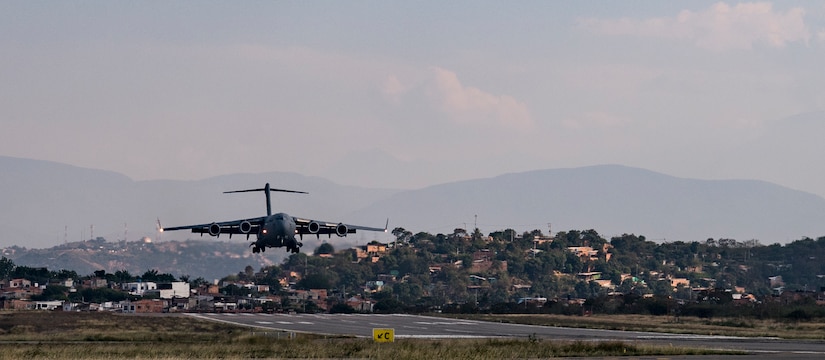 A C-17 Globemaster III delivers humanitarian aid from Homestead Air Reserve Base, FL to Cucuta, Colombia February 16, 2019.