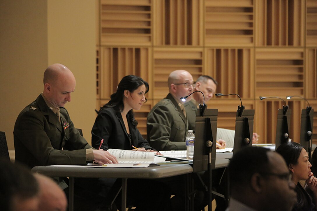 Five high school students from around the nation were selected for the final round of the Marine Band Concerto Competition, presented as a recital open to the public. Pictured are judges, from left, Marine Band Director Col. Jason Fettig, Temple University Director of Bands Dr. Patricia Cornett, and Marine Band Assistant Directors Capt. Ryan Nowlin and Capt. Bryan Sherlock. The winner, euphonium player Peyton Sills, received a $2,500 scholarship, presented by Maj. Gen. James Kessler (USMC, ret.), CEO of the Marine Corps Heritage Foundation. He will perform his solo with the Marine Band in concert on March 31. Runner up, flute player Israel Perez, won a $500 scholarship. (U.S. Marine Corps photo by Master Sgt. Kristin duBois/released.)