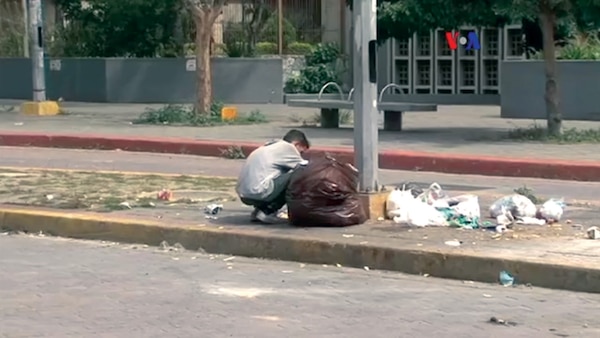 A Venezuelan eating from a garbage bag due to food shortages in 2017. (VOA) 

Photo taken from a public domain Voice of America video and posted to Wikimedia by ZiaLater, using UploadWizard.