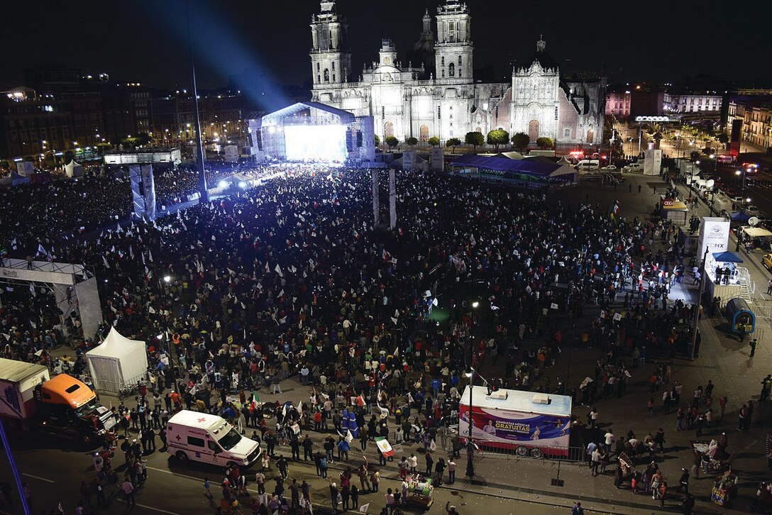 Celebration of Andrés Manuel López Obrador in Mexico City after being declared winner in Mexico’s federal election of July 1, 2018. (Wikimedia/Salvador alc)Licensed under Creative Commons Attribution-ShareAlike 4.0 International License. Photo produced unaltered.