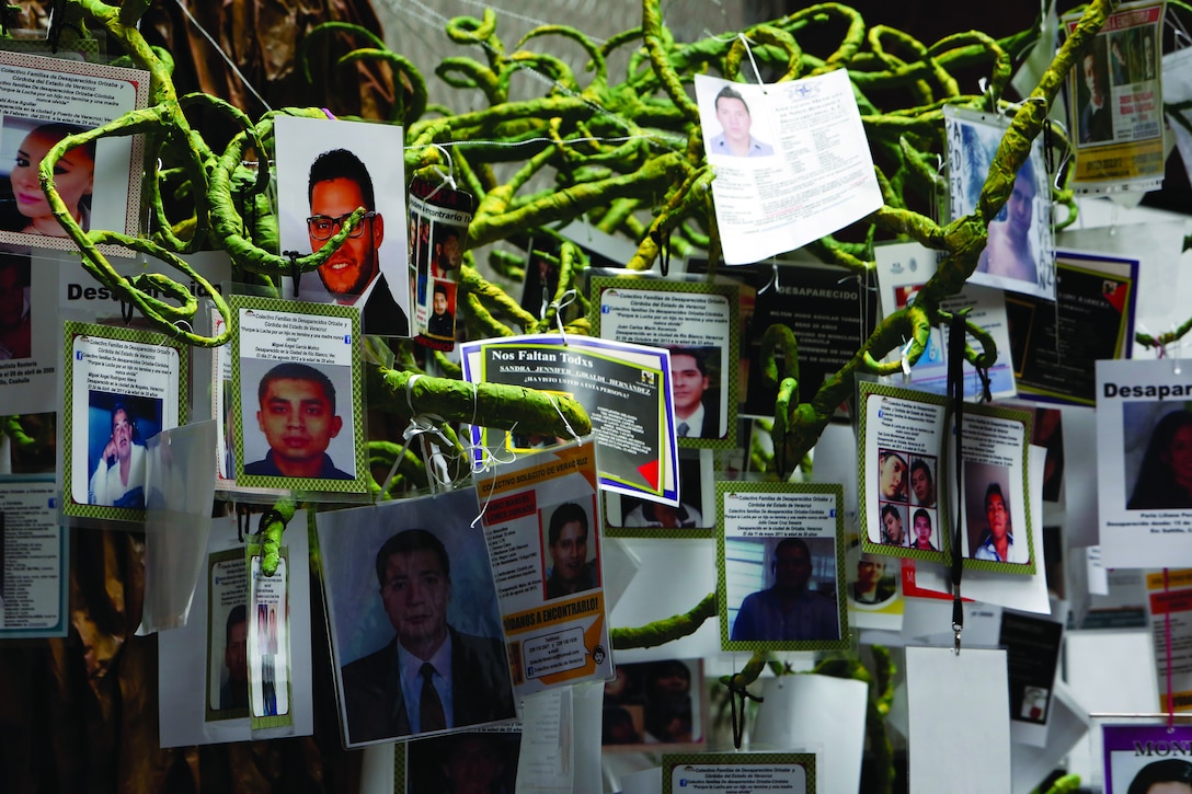 Fotografías de personas desaparecidas cuelgan de un árbol de la vida durante una ceremonia en el Día Internacional de las Víctimas de Desapariciones Forzadas en la Cámara de Diputados de México, en la Ciudad de México, México, Agosto 30, 2017. La Comisión Interamericana de Derechos Humanos (CIDH) realiza su tercera visita a México para dar seguimiento al Caso de los 43 estudiantes desaparecidos en septiembre 26 de 2014. (Ginnette Riquelme para CIDHTransferred from Flickr2Commons to Wikimedia by Warko. Licensed under Creative Commons Attribution 2.0 Generic License. Photo unaltered.