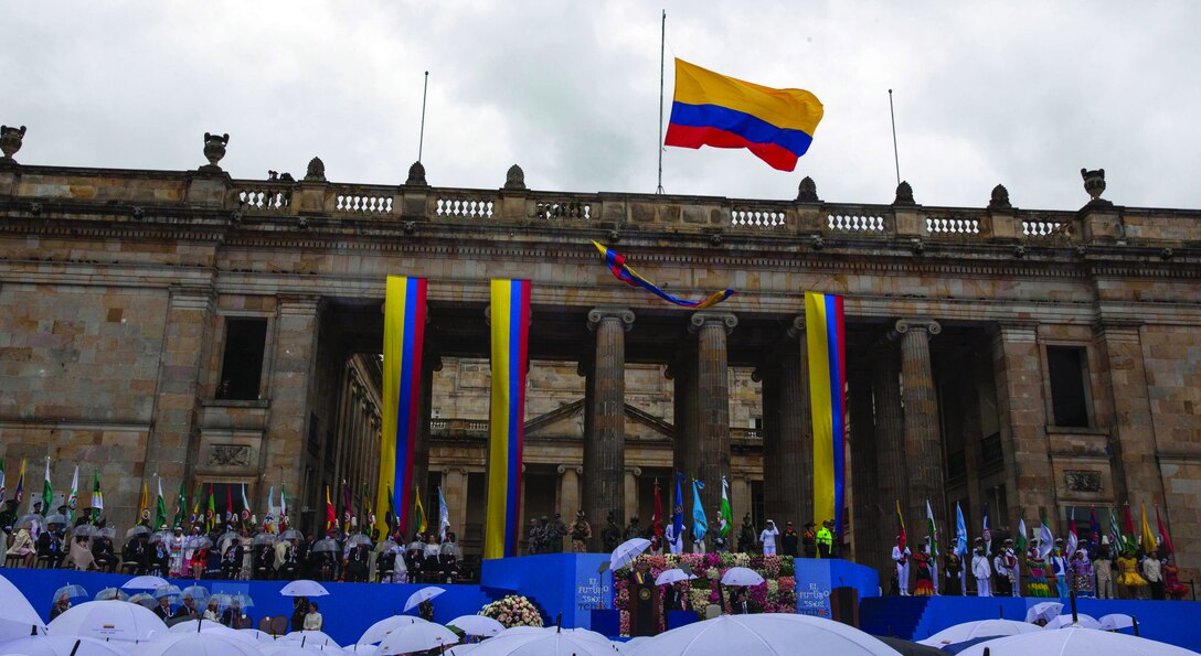 Iván Duque assumes the Presidency; August 7, 2018 at the Bolivar Square in Bogota, Colombia.(Presidency of the Mexican Republic)Licensed under Creative Commons Attribution-ShareAlike 4.0 International License. Photo produced unaltered.