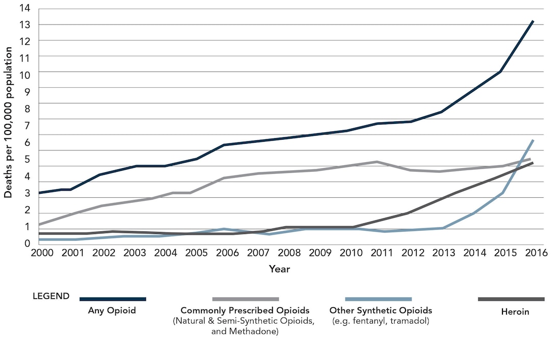Figure 1: Overdoes Death Rates Involving Opioids, by Type, United States, 2000-16. Source: CDC/NICH, National Vital Statistics System, Mortality. CDC Wonder, Atlanta, GA: U.S. Department of Health and Human Services, CDC, 2017, available at <https://wonder.cdc.gov>.