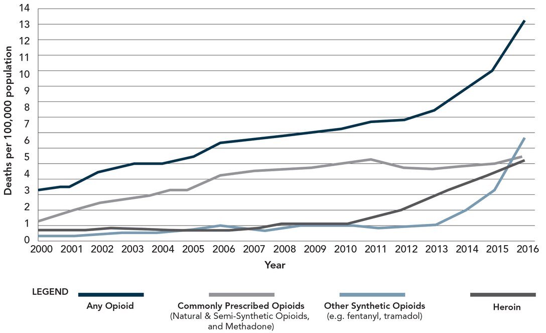 Figure 1: Overdoes Death Rates Involving Opioids, by Type, United States, 2000-16. Source: CDC/NICH, National Vital Statistics System, Mortality. CDC Wonder, Atlanta, GA: U.S. Department of Health and Human Services, CDC, 2017, available at <https://wonder.cdc.gov>.