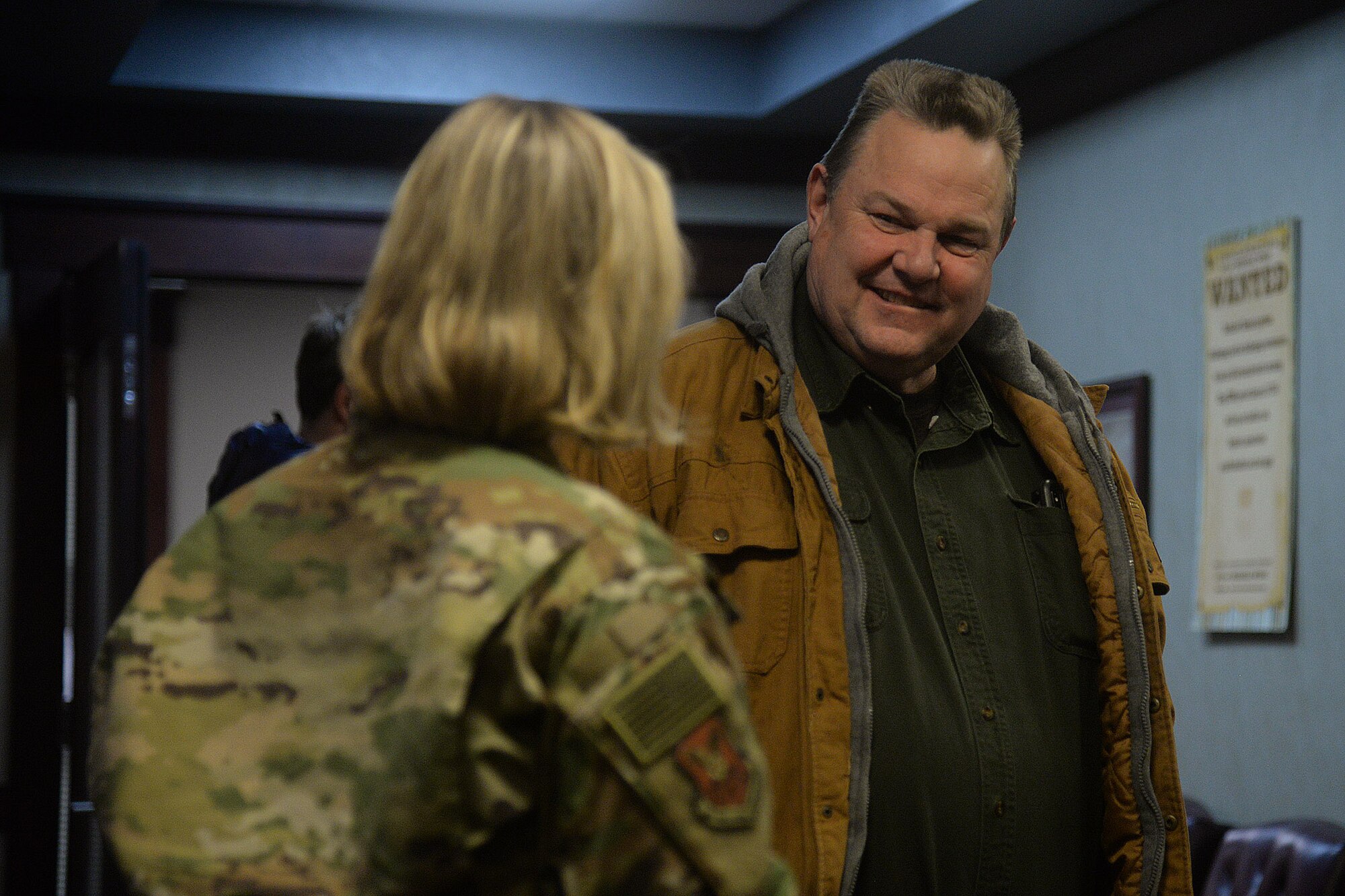 Senator Jon Tester speaks to Col. Jennifer Reeves, 341st Missile Wing commander, during his visit Feb. 19, 2019, at Malmstrom Air Force Base, Mont.