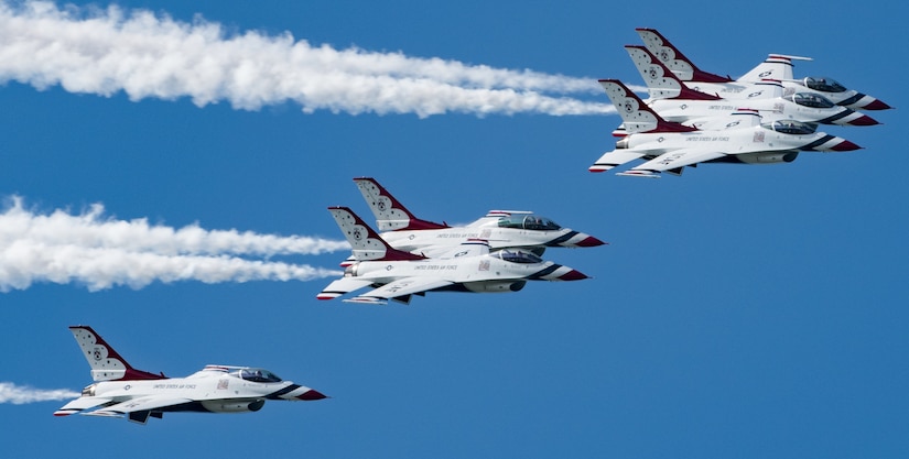The U.S. Air Force Thunderbirds perform an aerial maneuver during AirPower Over Hampton Roads JBLE Air and Space Expo at Joint Base Langley-Eustis, Virginia, May 20, 2018.