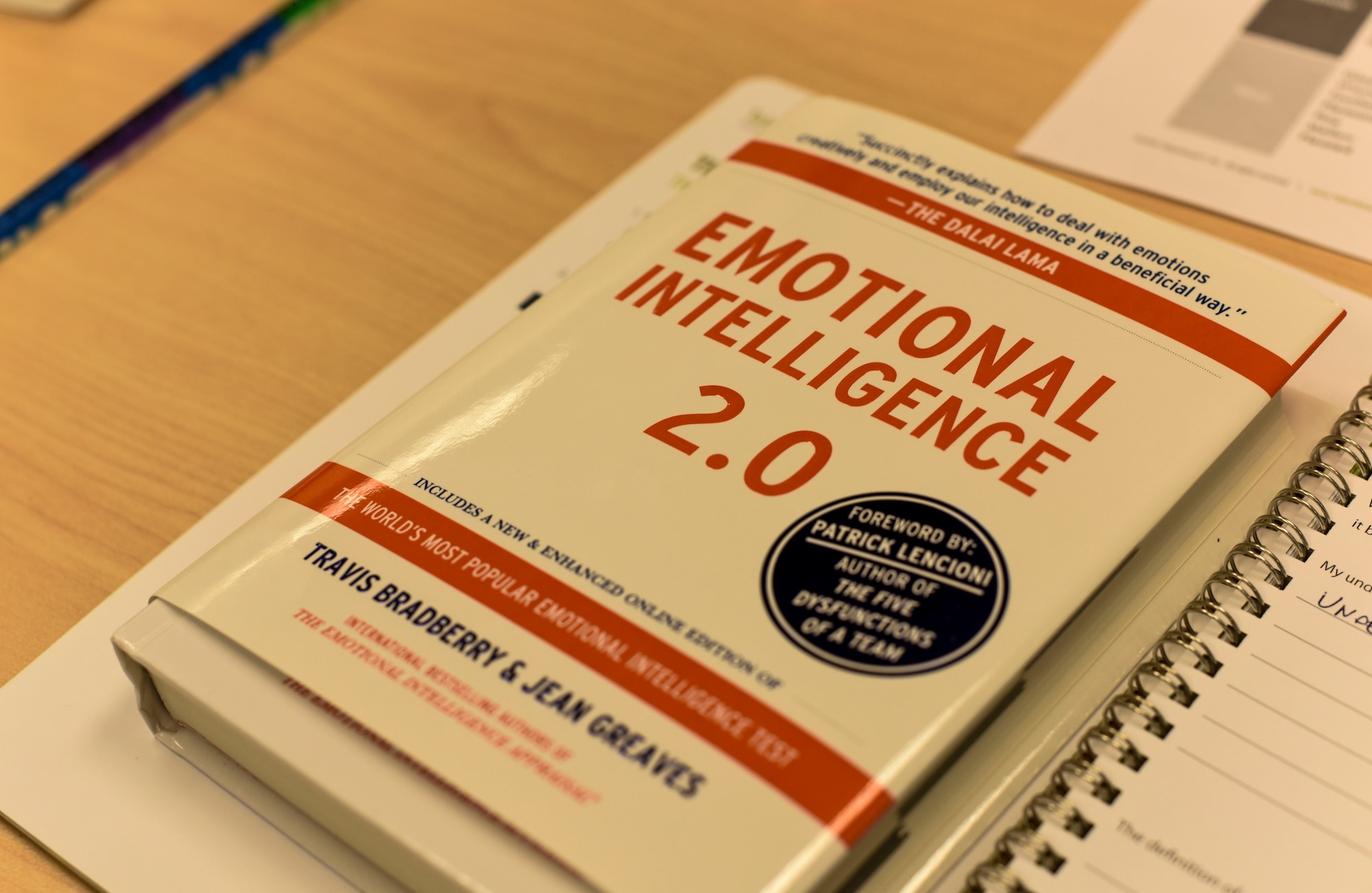An Emotional Intelligence book rests on a table during an Emotional Intelligence (EQ) class at Fairchild Air Force Base, Washington, Feb. 15, 2019. Airmen participating in the class must perform an online Emotional Intelligence Appraisal before attending the class. The appraisal reveals the individual’s EQ skill level and suggests what areas can be improved based. (U.S. Air Force photo/Senior Airman Jesenia Landaverde)