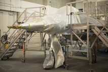 A U.S. Air Force F-16 Fighting Falcon is remodeled by the 35th Maintenance Squadron at Misawa Air Base, Japan, Jan. 29, 2019. The aircraft forewent a repainting to extend its service life and maintain combat air-power.  (U.S. Air Force photo by 1st Lt. Jeremy Garcia)