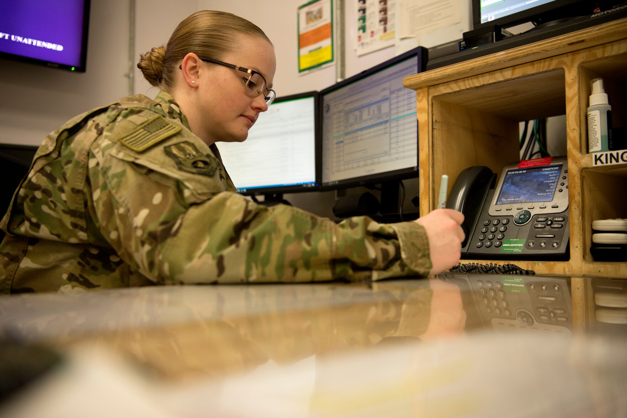 Senior emergency actions controller Senior Airman Hannah Smith showcases the multifaceted mission of the 455th Air Expeditionary Wing Command Post on Jan. 30, 2019.