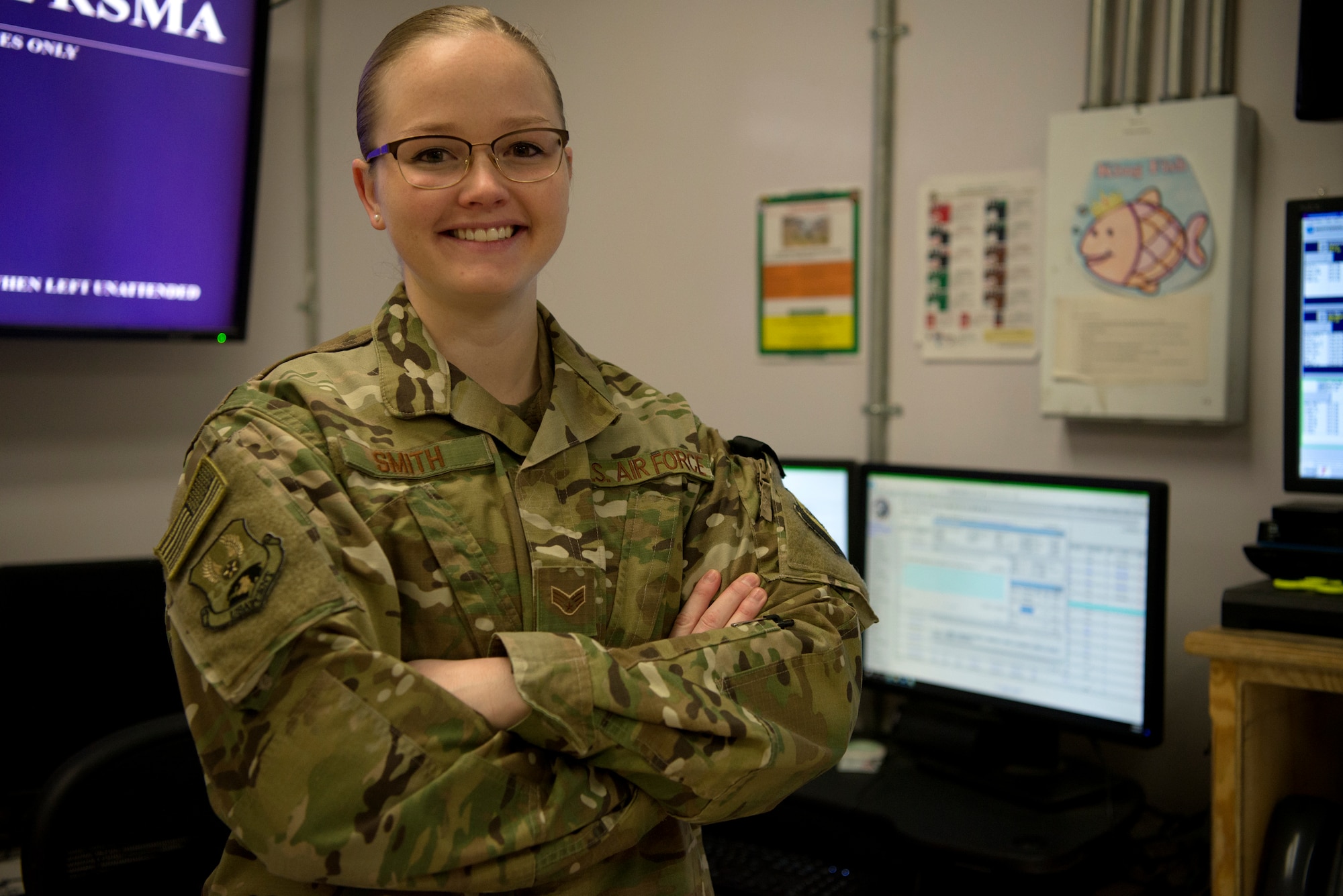 Senior emergency actions controller Senior Airman Hannah Smith showcases the multifaceted mission of the 455th Air Expeditionary Wing Command Post on Jan. 30, 2019.