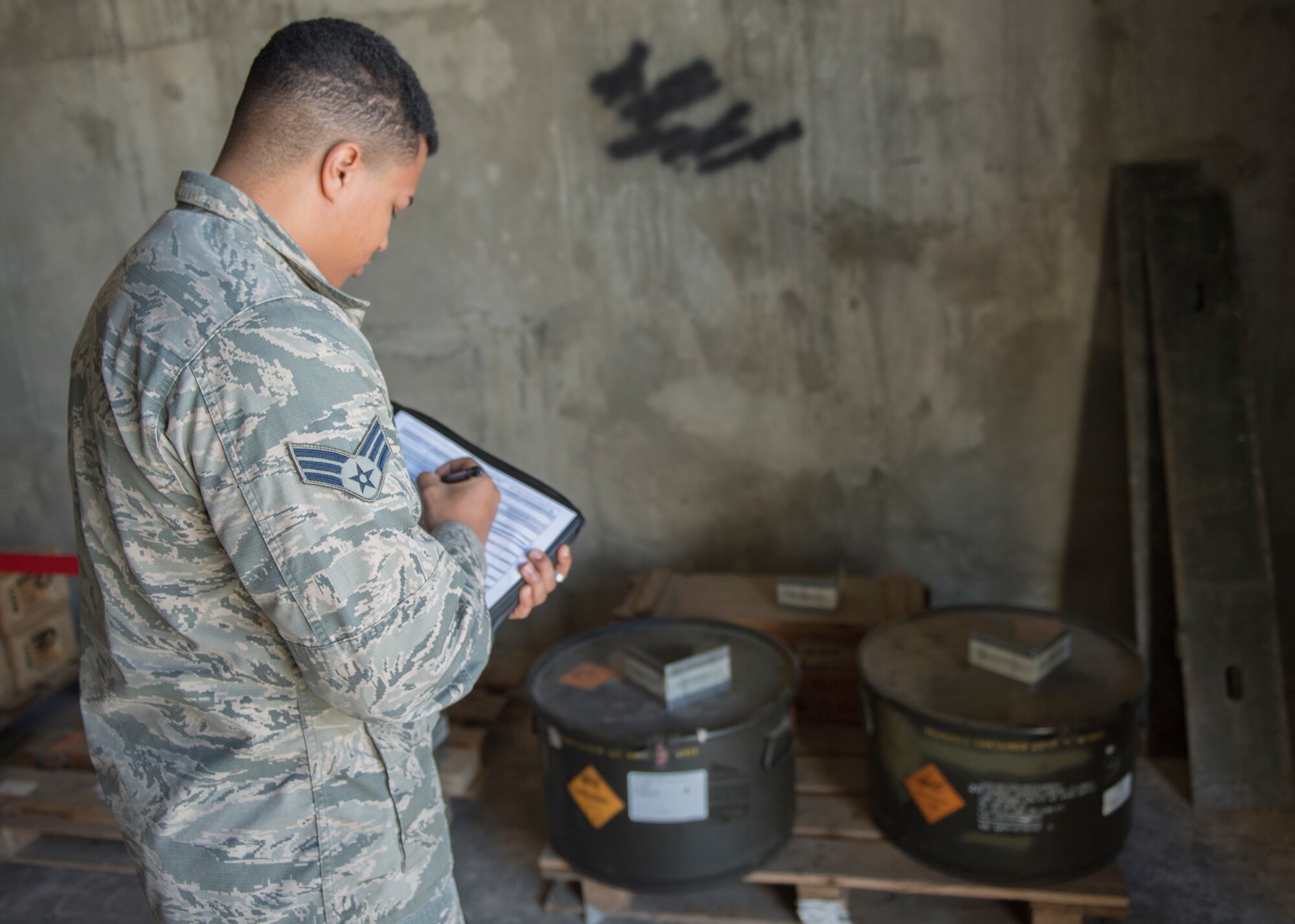 U.S. Air Force Senior Airman Winston Hendrick, 39th Maintenance Squadron munitions inspector, conducts inventory for munitions Jan. 23, 2019, at Incirlik Air Base, Turkey.