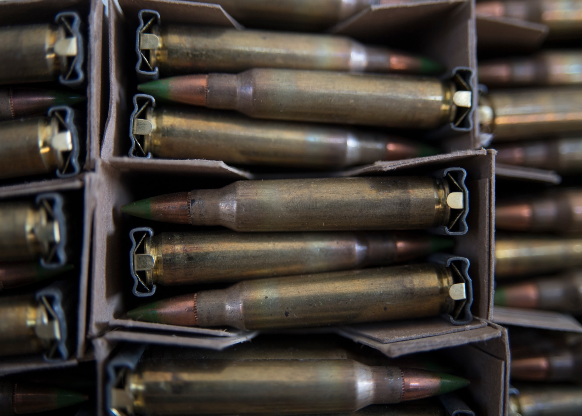 Boxes of 5.56mm ammunition rest in containers Jan. 23, 2019, at Incirlik Air Base Turkey.