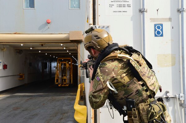 190218-N-NI298-122 GULF OF THAILAND (Feb. 18, 2019) - Royal Marine commandos and Royal Navy sailors attached to the Duke-class frigate HMS Montrose (F 236) conduct a visit, board, search and seizure (VBSS) drill aboard the Henry J. Kaiser-class fleet replenishment oiler USNS Guadalupe (T-AO 200). During the drill, commandos and sailors coordinated with Guadalupe crew members to simulate maritime interdiction operations to execute proper VBSS procedures. Guadalupe is conducting operations which provides logistical support to U.S. Navy and allied forces operating in the U.S. 7th Fleet area of responsibility.