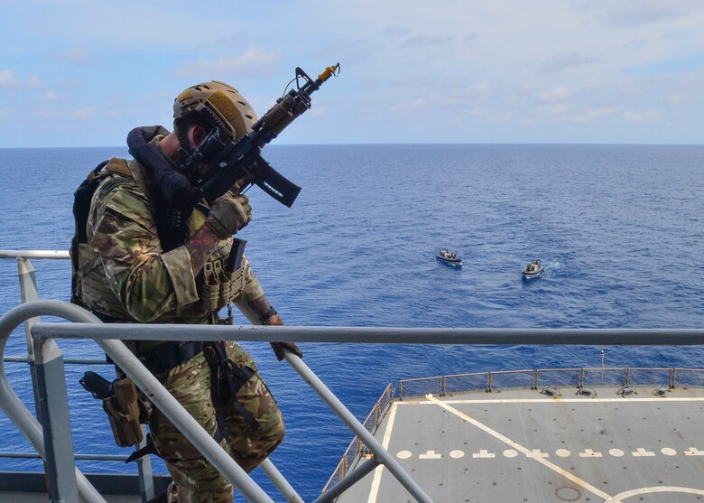 GULF OF THAILAND (Feb. 18, 2019) – A Royal Marine commando attached to the Duke-class frigate HMS Montrose (F 236) conduct a visit, board, search and seizure (VBSS) drill aboard the Henry J. Kaiser-class fleet replenishment oiler USNS Guadalupe (T-A 200).
