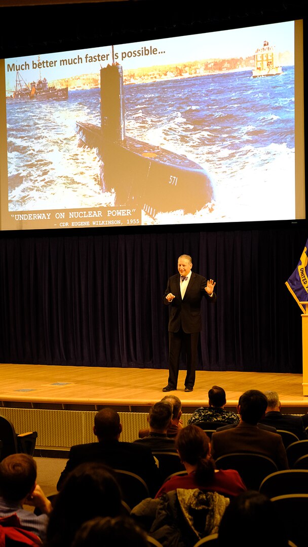 Dr. Steven Spear, author of the best-selling book “The High-Velocity Edge,” talks to employees at Naval Surface Warfare Center, Carderock Division in West Bethesda, Md., on Feb. 14, 2019, about his thoughts on how being a learning organization leads to becoming a successful organization. (U.S. Navy photo by Kelley Stirling/Released)