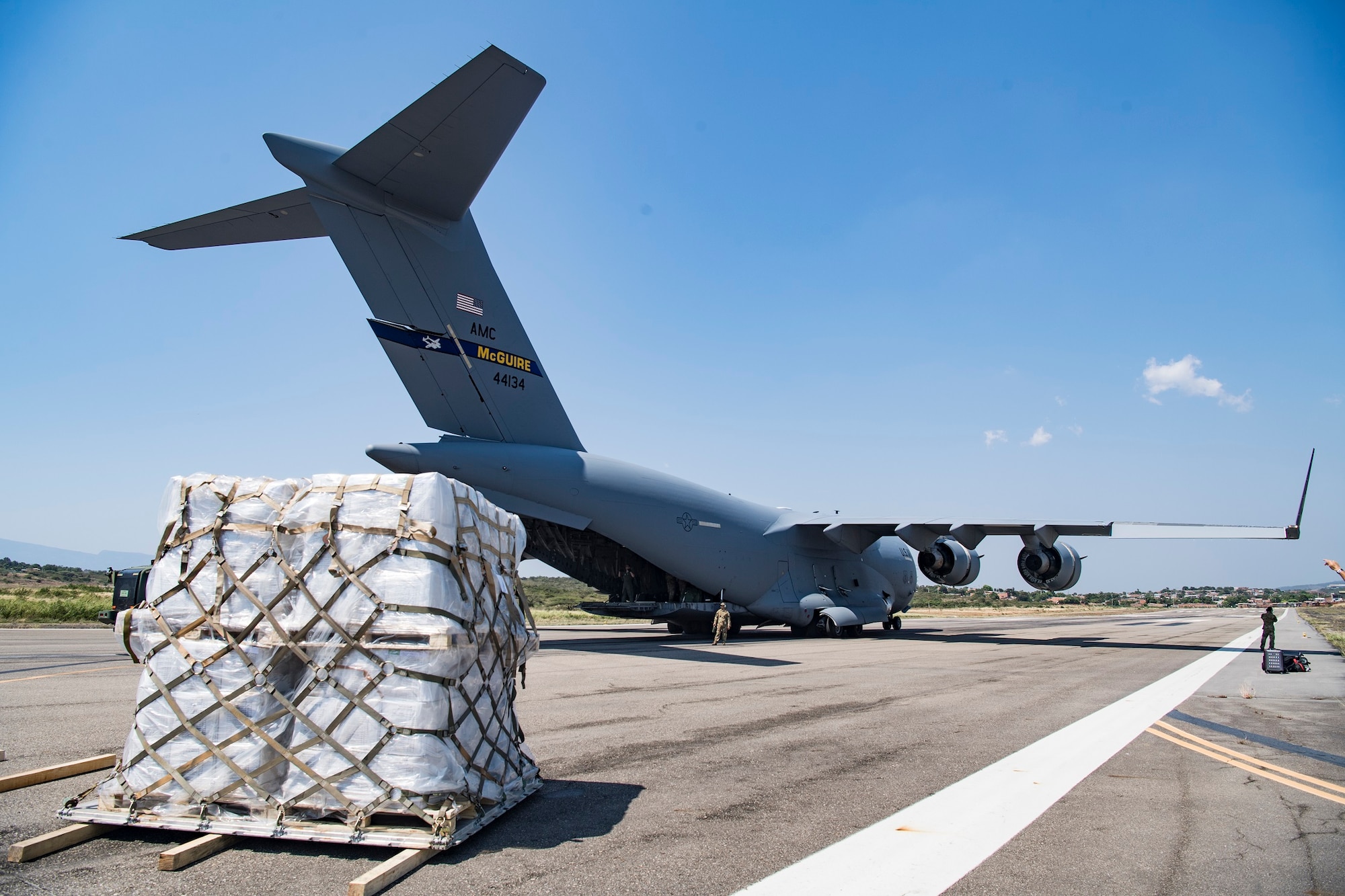 Airmen from Joint Base McGuire-Dix-Lakehurst, N.J., and Joint Base Charleston, S.C., supported a humanitarian mission to Cucuta, Colombia, Feb. 16. This mission was planned at the request of the U.S. Secretary of State, in close coordination with USAID and with the approval of the government of Colombia. The role of the U.S. military during this peaceful mission is to transport urgently needed aid to Colombia for eventual distribution by relief organizations on the ground for Venezuelans impacted by the rapidly deteriorating crisis in their country. This humanitarian mission underscores the United States’ firm commitment and readiness to respond to the man-made political, economic, and humanitarian crisis in Venezuela. (U.S. Air Force Photo by Tech. Sgt. Gregory Brook)