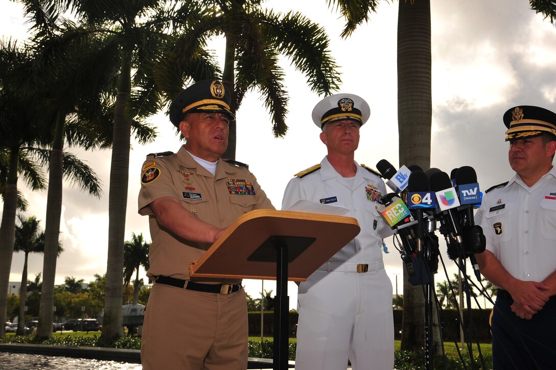 Colombian Army Maj. Gen. Luis Navarro Jiménez, Commanding General of the Colombian Military Forces, speaks during a press briefing at U.S. Southern Command headquarters.