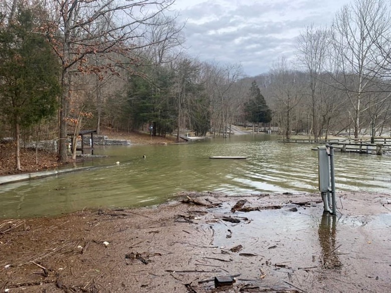 Water levels are high at Fishing Creek Recreation Area at Lake Cumberland, Ky., Feb. 19, 2019. The U.S. Army Corps of Engineers Nashville District closed this area to the public.  (USACE photo by Ashley Webster)