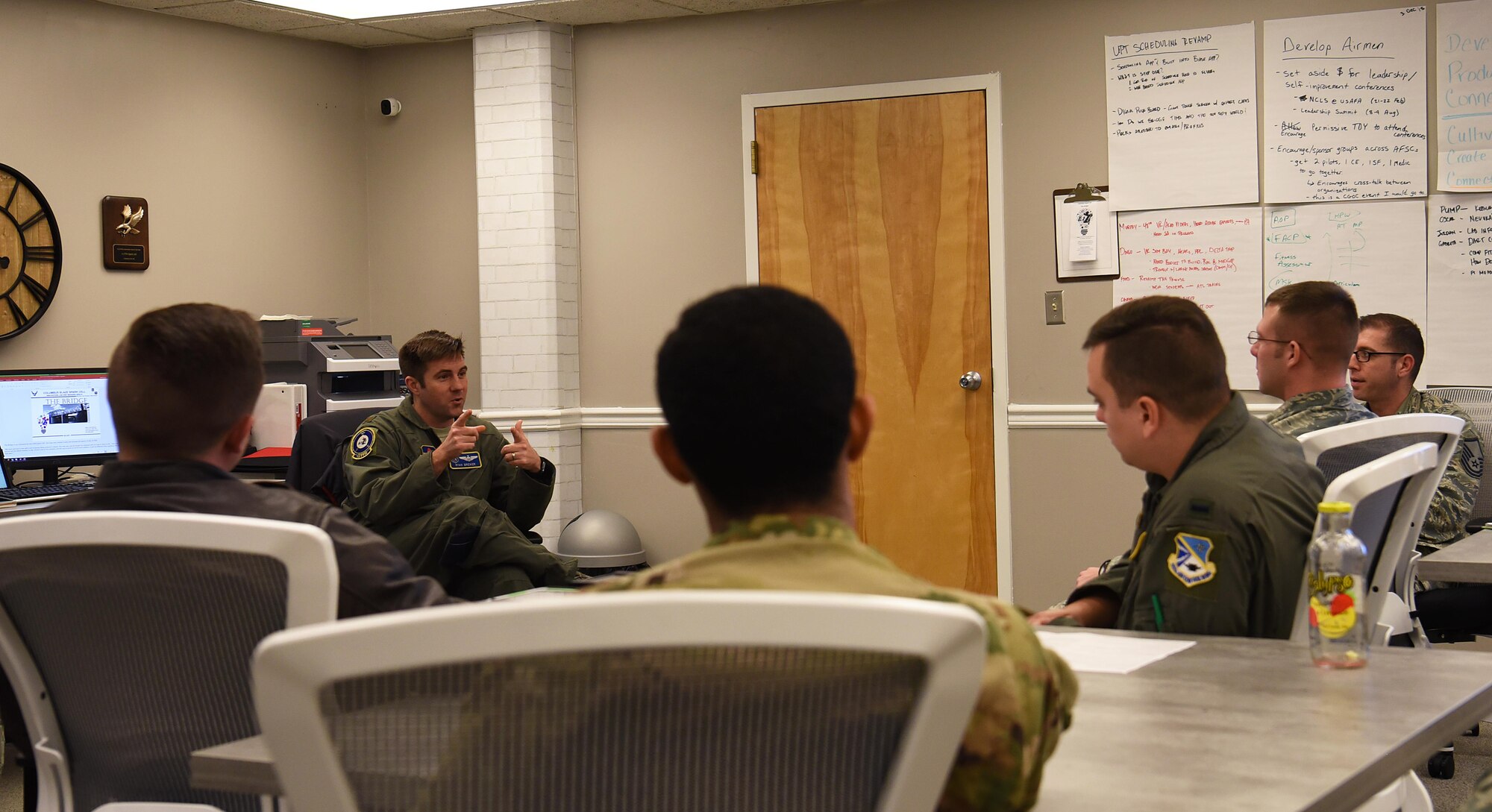 Maj. Ryan Brewer, 14th Flying Training Wing director of innovation, speaks with Airmen from the 552nd Air Control Wing at Tinker Air Force Base, Oklahoma, about the spark cell Feb. 13, 2018, on Columbus AFB, Mississippi. Tinker AFB plans to use what they learn at the Columbus AFB Spark Cell through shared information for their own version of a spark cell. (U.S. Air Force photo by Tech. Sgt. Christopher Gross)