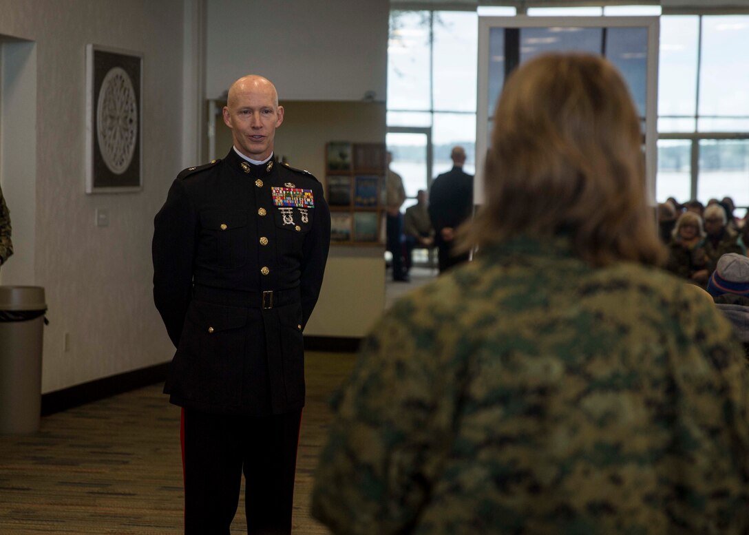 U.S. Marine Corps Brig. Gen. James F. Glynn, the Eastern Recruiting Region commanding general, gives his final remarks to attendees of the Educators Workshop aboard Marine Corps Recruit Depot Parris Island, South Carolina, Feb. 1, 2019. These educators traveled from Recruiting Station Fort Lauderdale to experience the Educators Workshop. The workshop allows educators to have an inside look at educational benefits and career opportunities in the Marine Corps. (U.S. Marine Corps photo by Lance Cpl. Jack A. E. Rigsby)