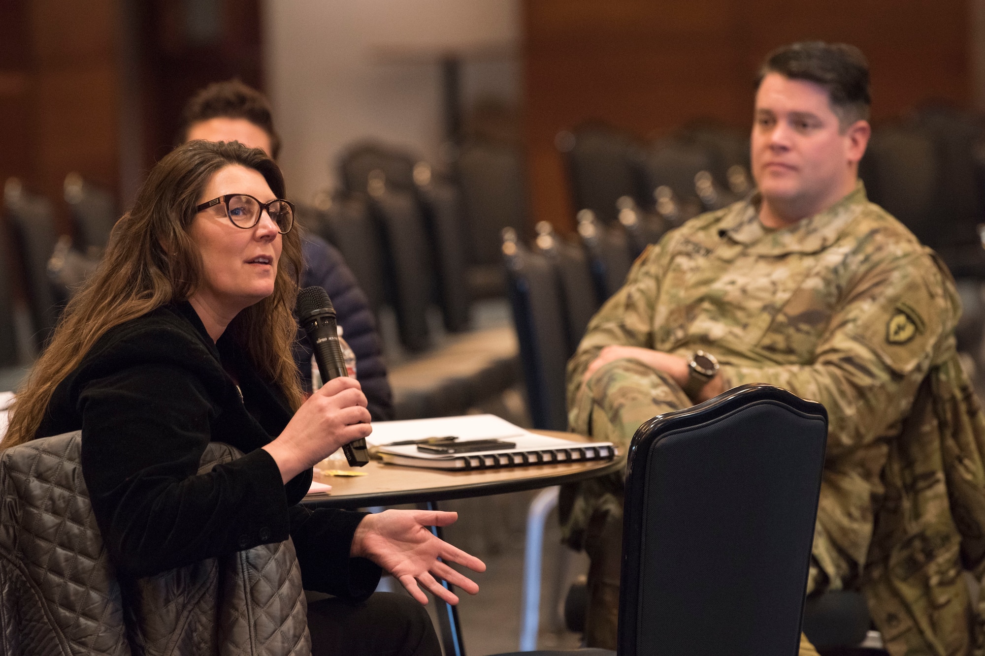 Jill Meszaros, an Airmen and Family Readiness program manager for the 176th Wing Alaska National Guard, speaks during a solution-driven Green Dot violence prevention seminar at Joint Base Elmendorf-Richardson, Alaska, Feb. 14, 2019. Beginning in January 2019, the Joint Installation Prevention Team shifted its focus from response to prevention when it comes to families in crisis.