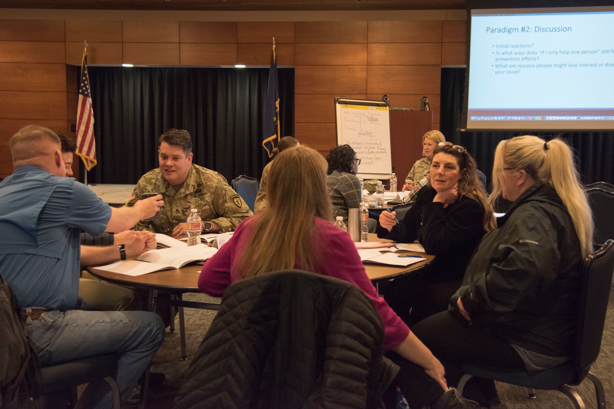 Attendees participate in a solution-driven Green Dot violence prevention seminar at Joint Base Elmendorf-Richardson, Alaska, Feb. 14, 2019. Beginning in January 2019, the Joint Installation Prevention Team shifted its focus from response to prevention when it comes to families in crisis.