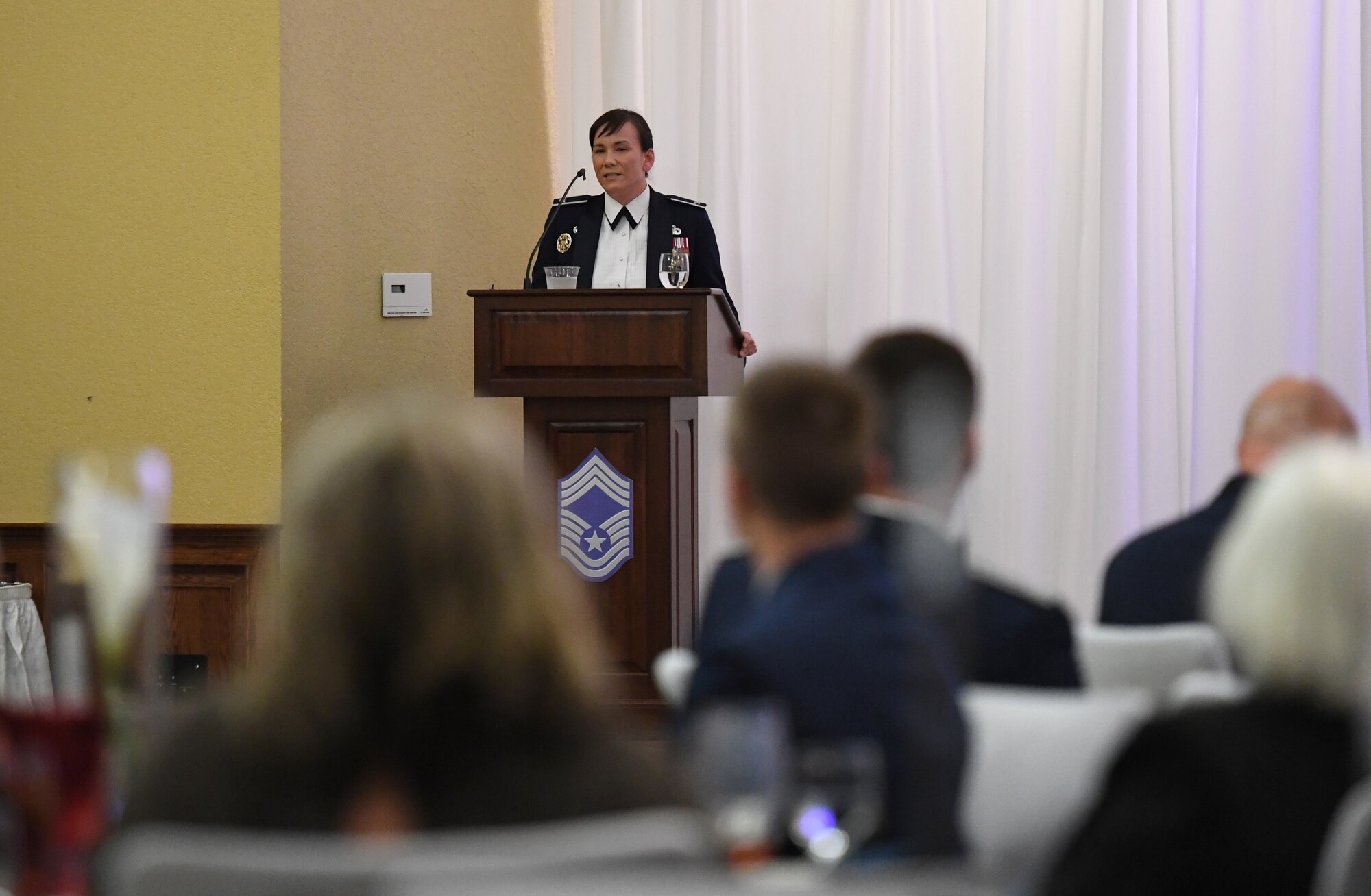 U.S. Air Force Col. Debra Lovette, 81st Training Wing commander, delivers closing remarks and congratulates the honorees during the Chief Induction Ceremony inside the Bay Breeze Event Center at Keesler Air Force Base, Mississippi, Feb. 15, 2019. Five Keesler Airmen earned their chief master sergeant stripe during the 2019 promotion release. Air Force officials selected 479 senior master sergeants for promotion to chief master sergeant out of 2,241 eligible for a selection rate of 21.37 percent. Chief master sergeants make up one percent of the Air Force enlisted force. (U.S. Air Force photo by Kemberly Groue)