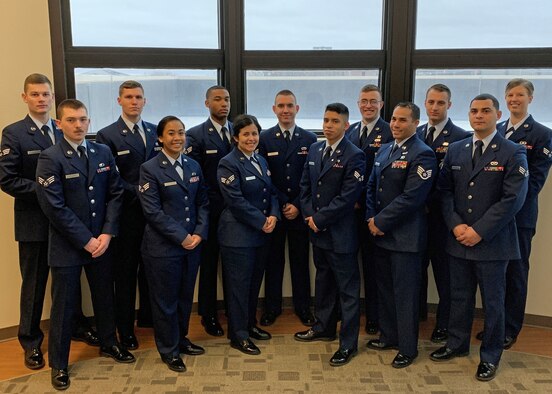 Airman Leadership School Class 19-B stands before attendees of their graduation ceremony, before singing the “Air Force Song,” at the Event Center on Goodfellow Air Force Base, Texas, Feb. 14, 2019. ALS is a six-week course designed to prepare senior airmen to assume supervisory duties by offering instruction in leadership, followership, written and oral communication skills, and the profession of arms. (U.S. Air Force photo by Airman 1st Class Zachary Chapman)