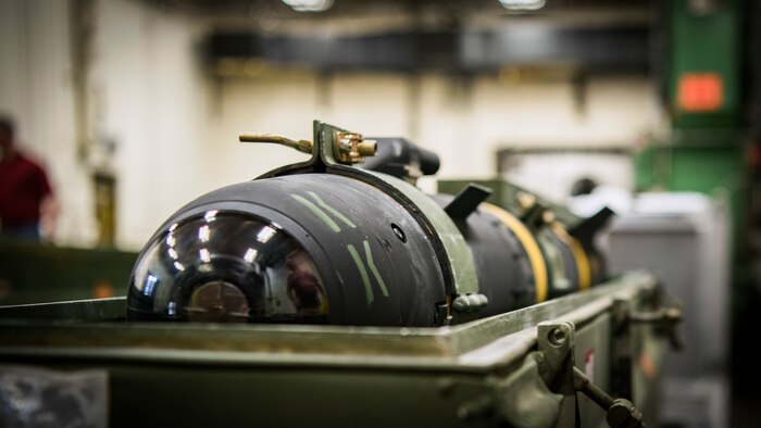 An AGM-114 HELLFIRE missile sits in its storage container Feb. 5, 2019, at the Naval Weapons Station in Goose Creek, S.C.
