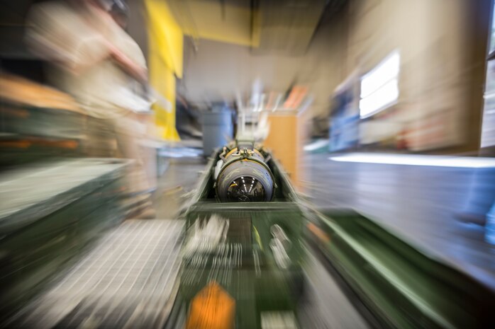 An AGM-114 HELLFIRE missile sits in its storage container Feb. 5, 2019, at the Naval Weapons Station in Goose Creek, S.C.