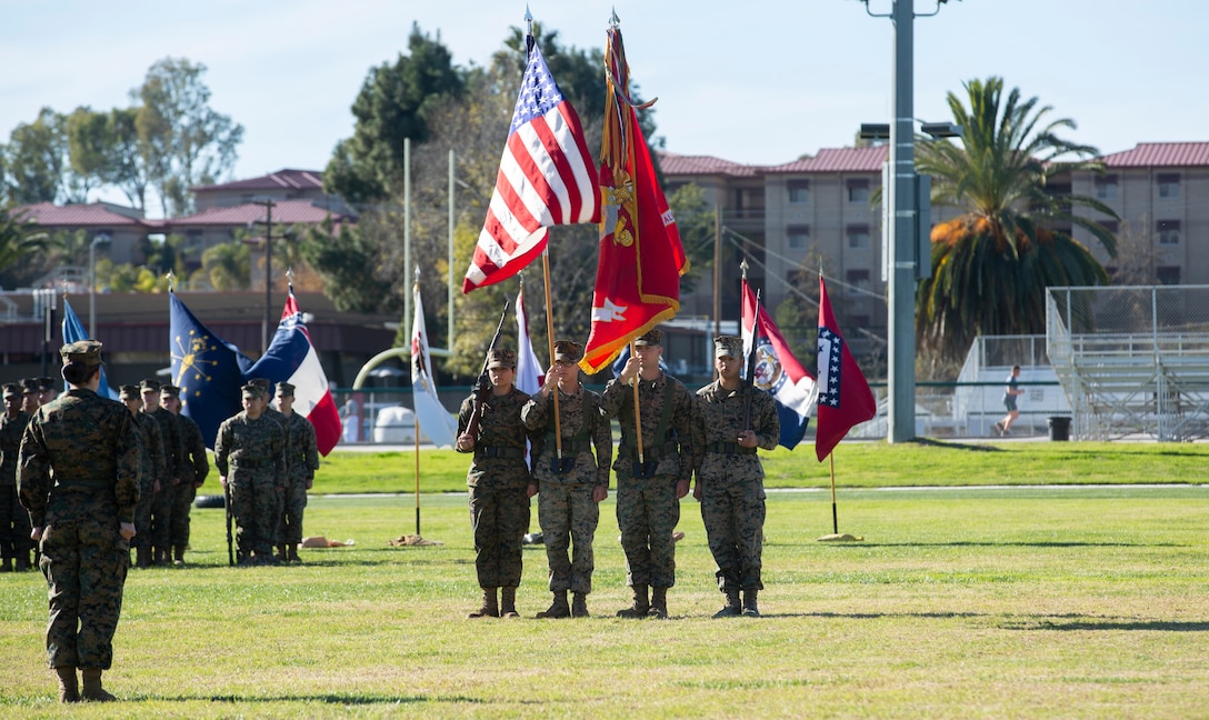 Sgt. Maj. Pascal Dacilas relieved Sgt. Maj. Andre Cuthbertson as the sergeant major for 1st Law Enforcement Battalion. (U.S. Marine Corps photo by Lance Cpl. Haley McMenamin)