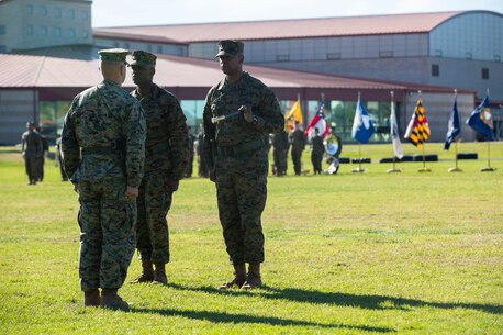 Sgt. Maj. Pascal Dacilas relieved Sgt. Maj. Andre Cuthbertson as the sergeant major for 1st Law Enforcement Battalion. (U.S. Marine Corps photo by Lance Cpl. Haley McMenamin)