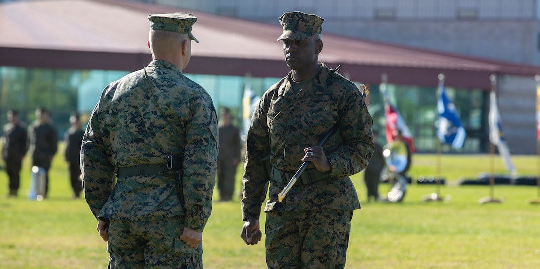 U.S. Marines with 1st Law Enforcement Battalion, I Marine Expeditionary Force Information Group, participate in a post and relief ceremony at Marine Corps Base Camp Pendleton, Calif., Jan. 25, 2019. Sgt. Maj. Pascal Dacilas relieved Sgt. Maj. Andre Cuthbertson as the sergeant major for 1st Law Enforcement Battalion. (U.S. Marine Corps photo by Lance Cpl. Haley McMenamin)
