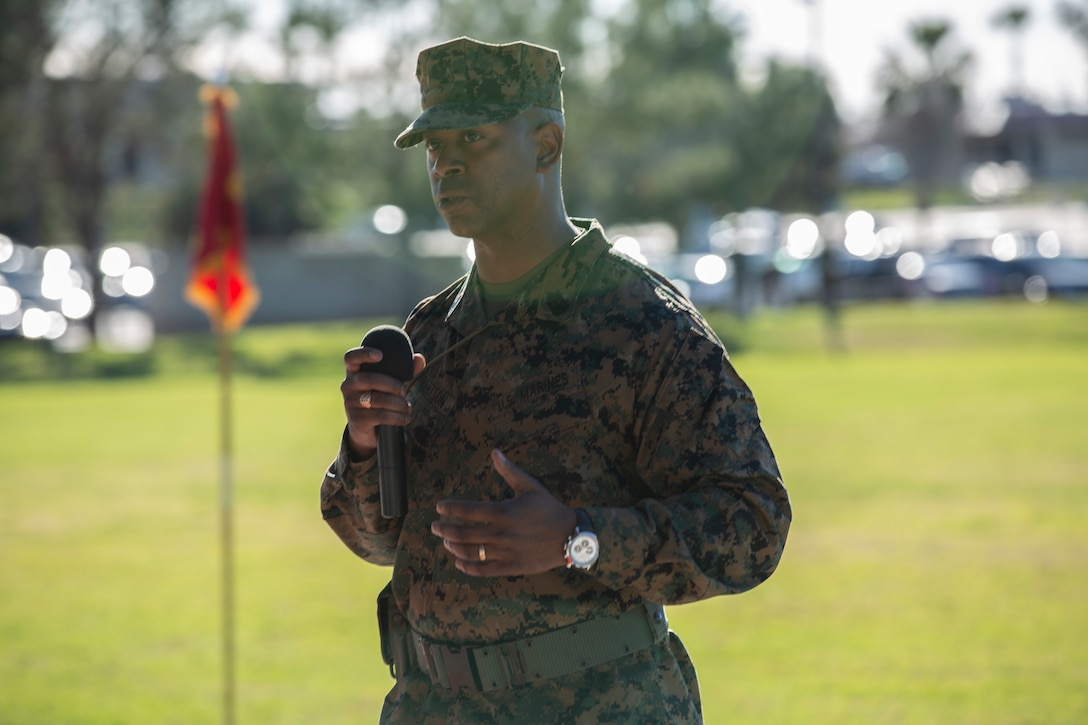 Sgt. Maj. Pascal Dacilas relieved Sgt. Maj. Andre Cuthbertson as the sergeant major for 1st Law Enforcement Battalion. (U.S. Marine Corps photo by Lance Cpl. Haley McMenamin)