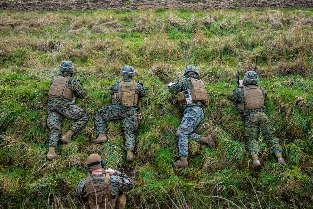 A group of Marines lie on the grass.