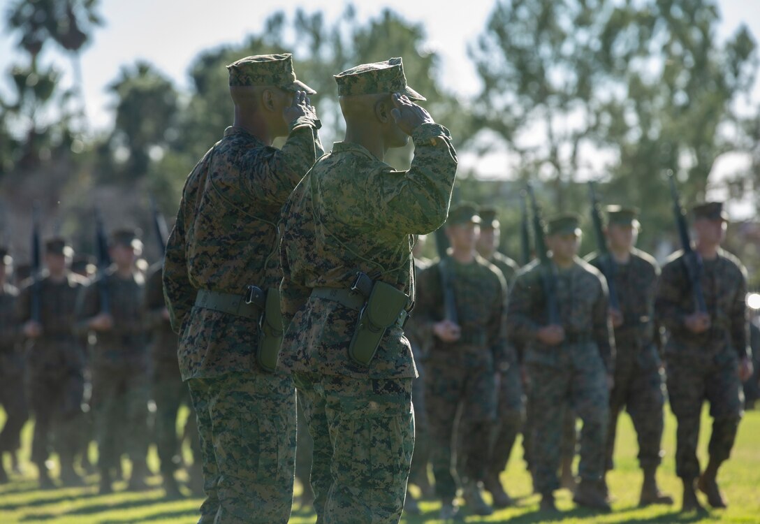 Sgt. Maj. Pascal Dacilas relieved Sgt. Maj. Andre Cuthbertson as the sergeant major for 1st Law Enforcement Battalion. (U.S. Marine Corps photo by Lance Cpl. Haley McMenamin)