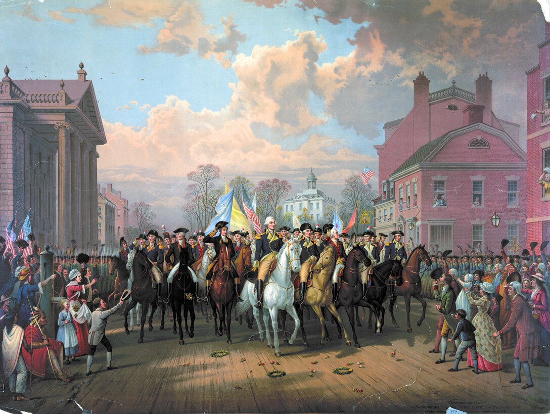 Lithograph of “Evacuation Day” and Washington’s Triumphal Entry in New York City, Nov. 25th, 1783 by E.P. & L. Restein
