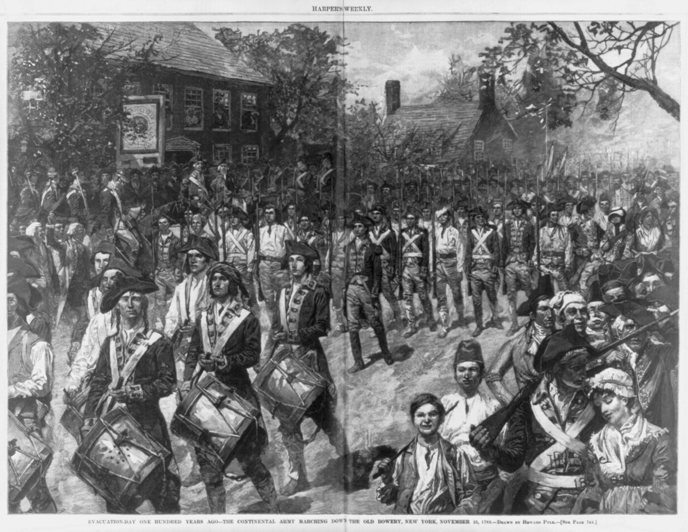 Howard Pyle drawing of the Continental Army marching down the Old Bowery, New York, Nov. 25, 1783.
