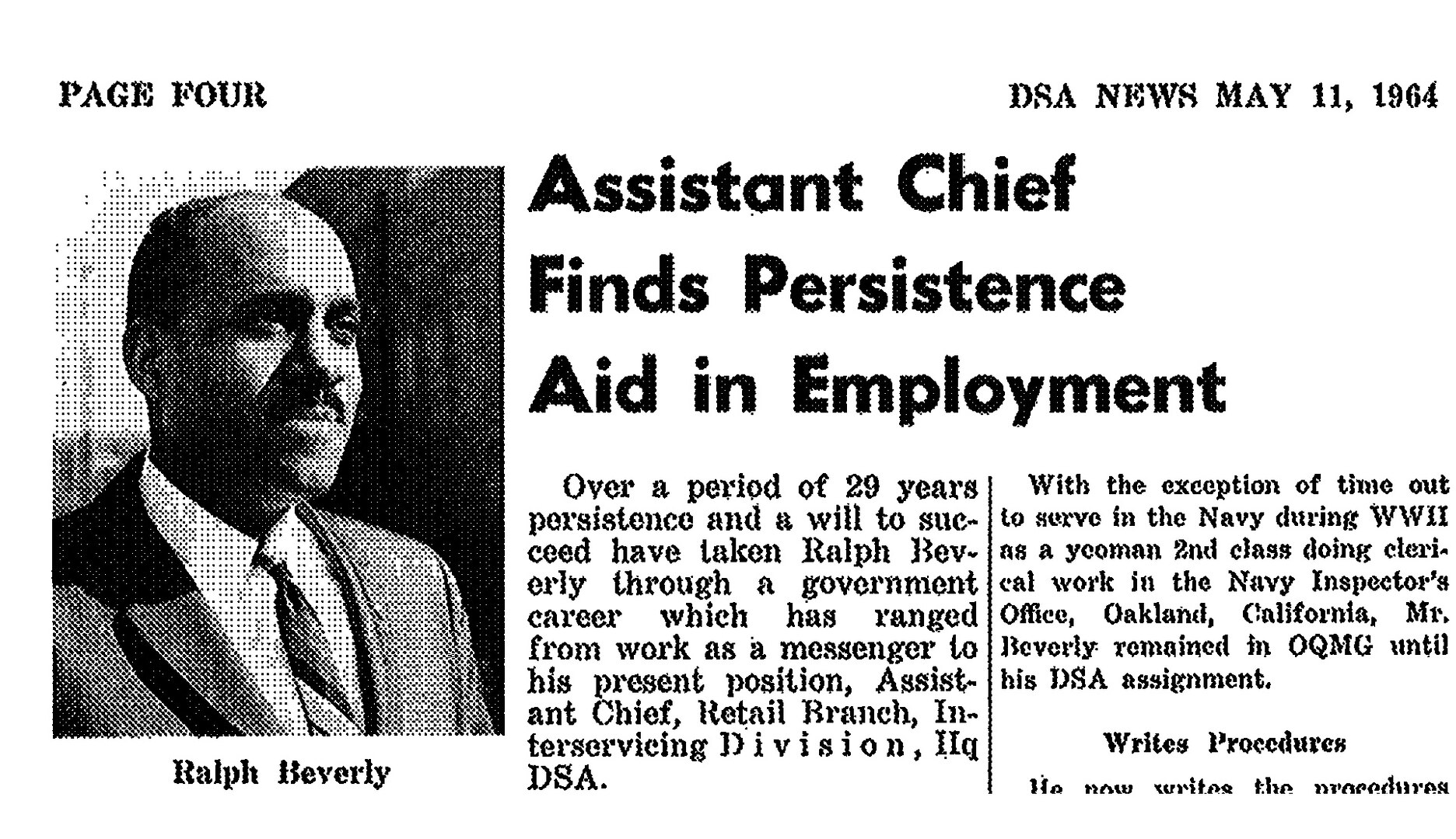 Ralph Beverly, who served as assistant chief of the Retail Branch in DSA’s Interservicing Division, began his federal career as a messenger in 1939.
