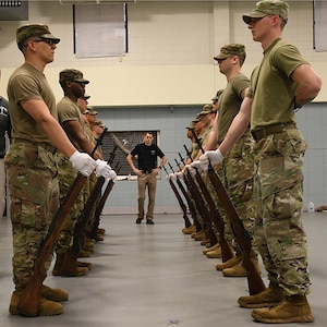 National Guard members from Arkansas, Alabama, Texas, Louisiana, Indiana, Oklahoma and New York practice drill and ceremony at a Military Funeral Honors Level II Instructor Certification Course at Jackson Barracks in New Orleans, Feb. 12, 2019. Soldiers who graduate this course demonstrate mastery in rendering veterans’ final honors and can instruct new MFH members.