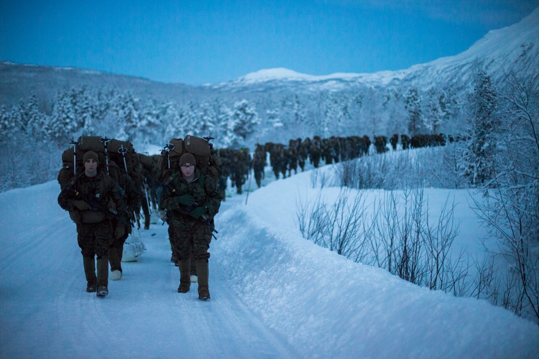 Marines marching through snow
