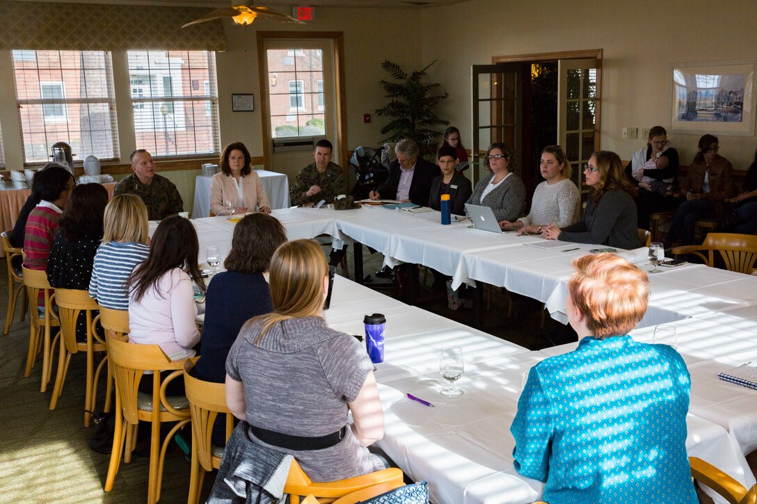 The Honorable Mrs. Phyllis L. Bayer, assistant secretary of the Navy for energy, installations and the environment speaks with military spouses about privatized housing and restoration efforts on Marine Corps Base Camp Lejeune, North Carolina, Feb. 15, 2019. Bayer visited MCB Camp Lejeune residential communities to assess on going restoration efforts on the installation. (U.S. Marine Corps photo by Lance Cpl. Isaiah Gomez)