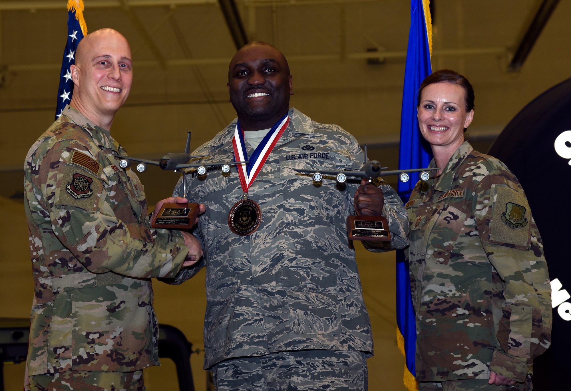 Annual Award winners are recognized by Col. Josh Olson, 22nd Air Refueling Wing commander, Feb. 13, 2019, at McConnell Air Force Base, Kan. The annual awards banquet in a tradition that honors and celebrates Airmen who’ve performed exemplary service.