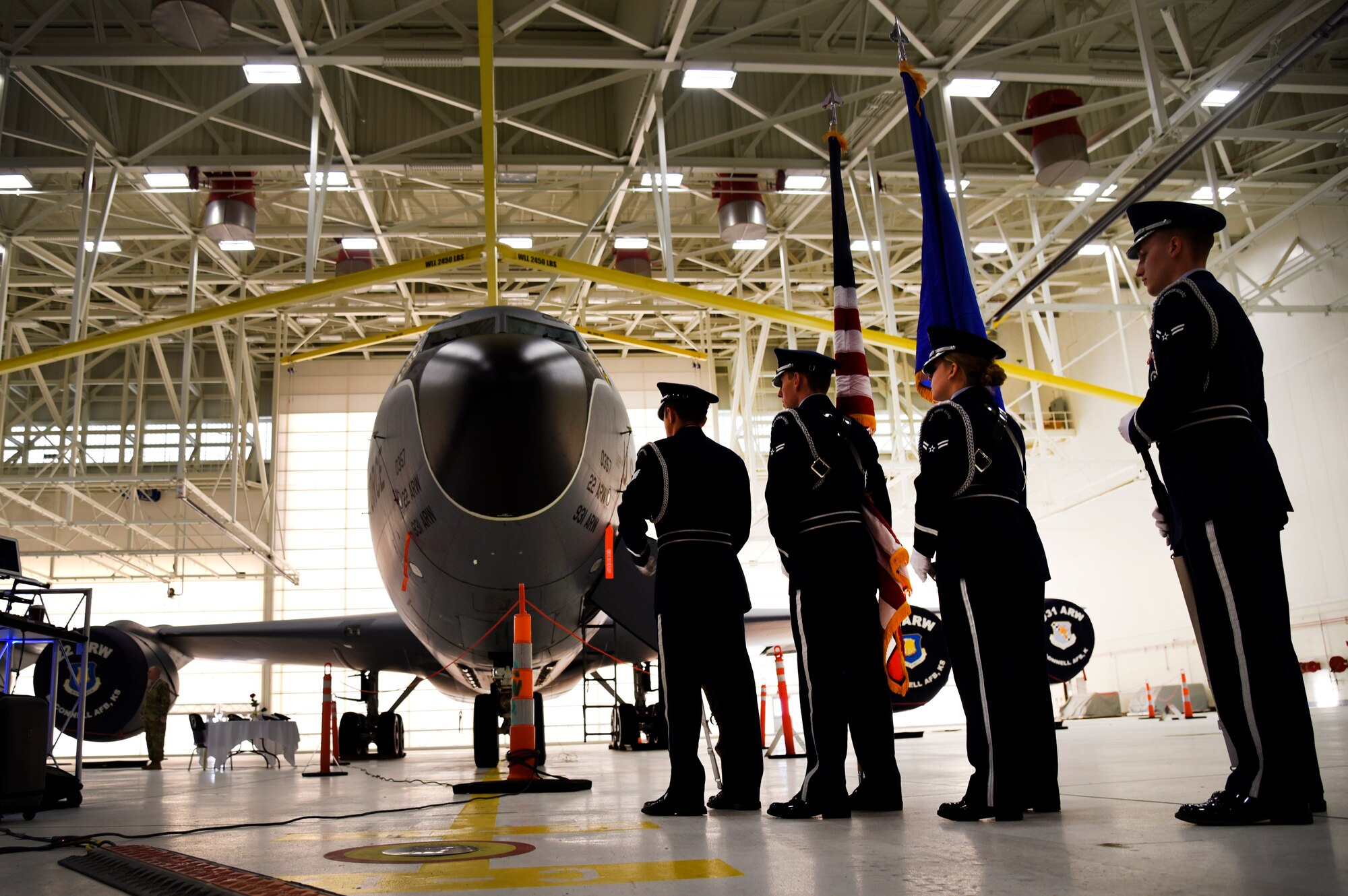 Base Honor Guardsmen prepare to post the colors prior to the 2018 Annual Awards Banquet Feb. 13, 2019, at McConnell Air Force Base, Kan. The annual awards banquet in a tradition that honors and celebrates Airmen who’ve performed exemplary service.
