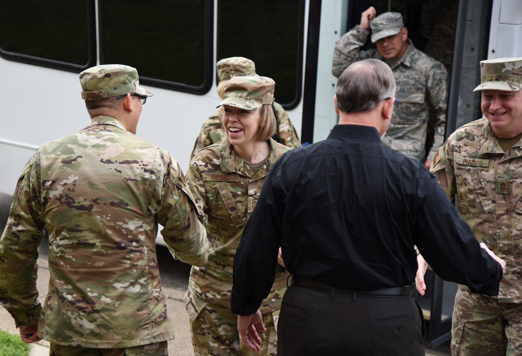 U.S. Air Force Chief Master Sgt. Juliet Gudgel, Air Education and Training Command command chief, arrives at the Taylor Logistics Center for a facility tour and an 81st Logistics Readiness Squadron total force readiness brief during her base immersion tour at Keesler Air Force Base, Mississippi, Feb. 15, 2019. Throughout the three-day tour, Gudgel received 2nd Air Force and 81st Training Wing mission briefings, ate breakfast with Airmen in training, received an 81st Security Forces Squadron military working dog demonstration and served as the guest speaker at the Chief Master Sergeant Induction Ceremony. (U.S. Air Force photo by Kemberly Groue)
