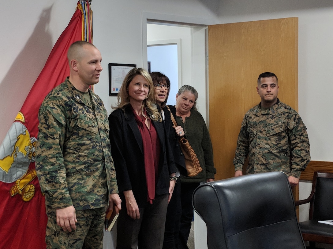 Col. Craig C. Clemans, base commander, introduces Dawn Rowe, newly appointed 3rd District Supervisor, San Bernardino County, to the command staff during her visit to MCLB Barstow Feb. 19. To Supervisor Rowe's left is Elaine ViIlarreal, field representative for the Barstow area, Karen Gray, base strategic planner, and 1stSgt Enrique DeAnda, Headquarters Company first sergeant.