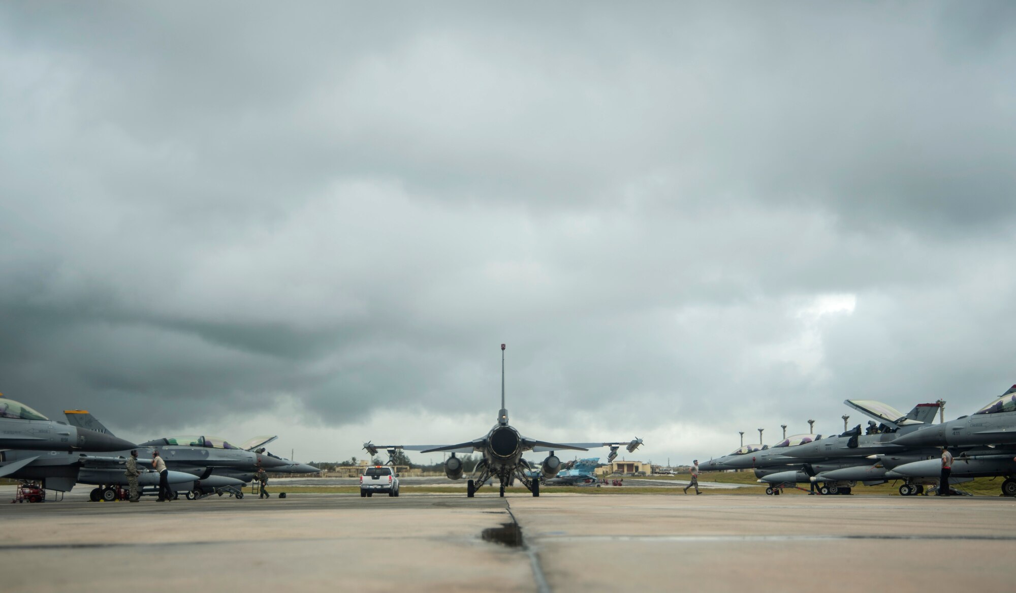 A U.S. Air Force F-16 Fighting Falcon from the 13th Fighter Squadron from Misawa Air Base, Japan, taxi's to the runway at Andersen Air Force Base, Guam, during COPE North 19, Feb. 19, 2019.