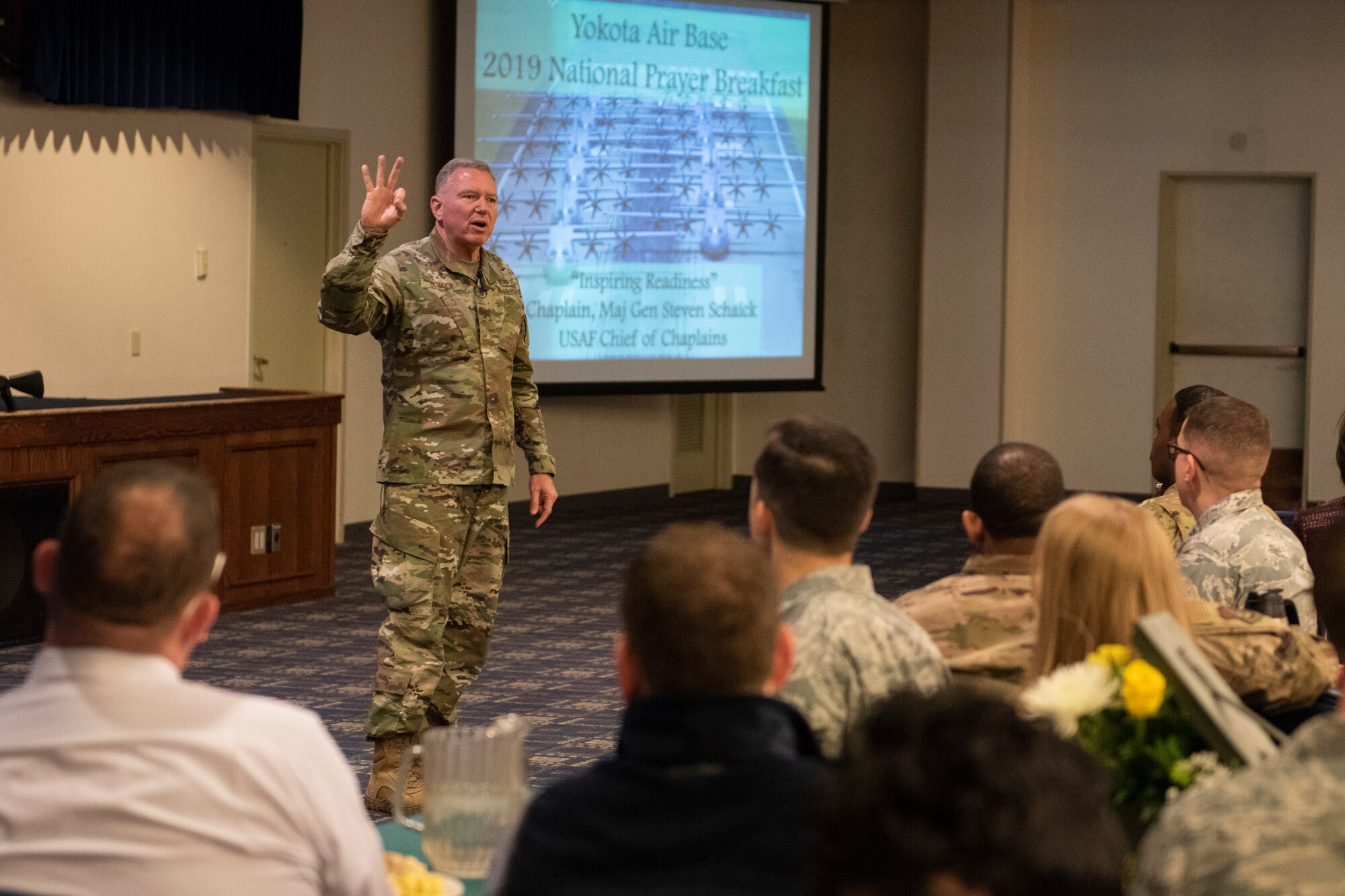 Maj. Gen. Steven A. Schaick, U.S. Air Force Chief of Chaplains speaks to the Airmen of Team Yokota during the 2019 National Prayer Breakfast at Yokota Air Base, Japan, Feb. 21, 2019.